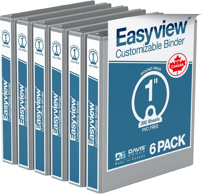 Davis Group Easyview Premium 3-Ring Binders with Clear-View Covers and Round Rings, Binders for School or Office, 1 Inch, Pack of 6, Gray - Image 1